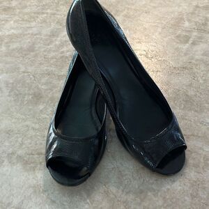 Cole Haan Black Patent Peep Toe Wedges